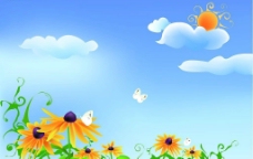 蓝天白云下的花与蝴蝶图片